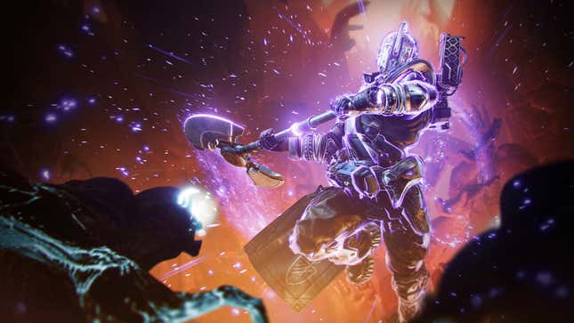 A Destiny 2 Guardian wields a void axe. 