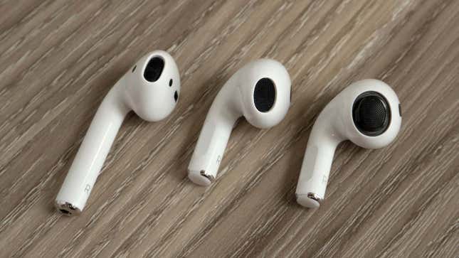 The AirPods 2nd Generation (left) compared to the AirPods 3rd Generation (center) and the AirPods Pro with the silicone tip removed (right).