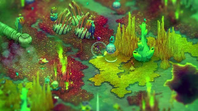 Flux is surrounded by green noxious fumes, while slapping a floaty creature.