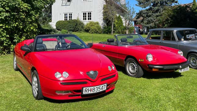 A 1999 Alfa Romeo Spider (left) alongside a 1978 Alfa Romeo Spider (right)