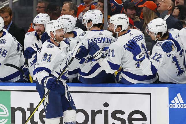 Dec 14, 2023; Edmonton, Alberta, CAN; The Tampa Bay Lightning celebrate a goal scored by  forward Steven Stamkos (91), his third of the game during the third period against the Edmonton Oilers at Rogers Place.