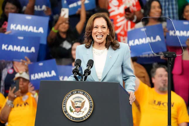 Democratic presidential candidate U.S. Vice President Kamala Harris speaks onstage at her campaign rally at the Georgia State Convocation Center on July 30, 2024 in Atlanta, Georgia. 