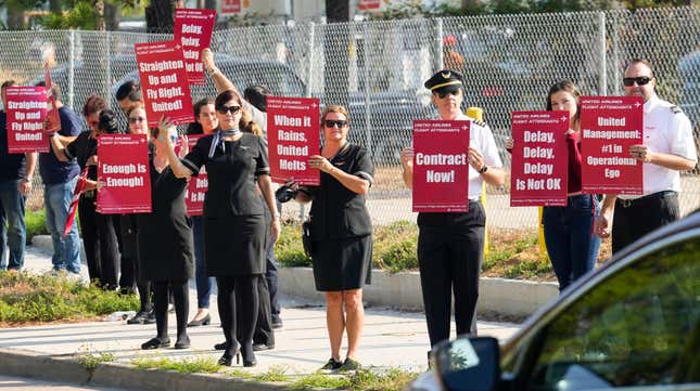United Airlines flight attendants on a picket line