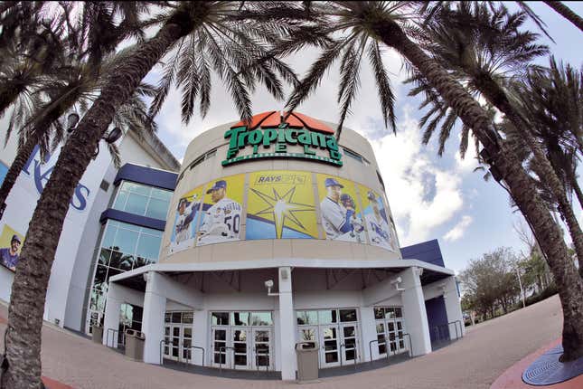 In this image taken with a fisheye lens, Tropicana Field, the home of the Tampa Bay Rays, is shown Thursday, March 26, 2020, in St. Petersburg, Fla. They began as the Tampa Bay Devil Rays in 1998, then shortened their name in 2007 to simply Tampa Bay Rays. Now, as plans for a new ballpark take shape, there’s talk about changing the name again to reflect the team’s actual location: the St. Petersburg Rays. (AP Photo/Chris O&#39;Meara, File)