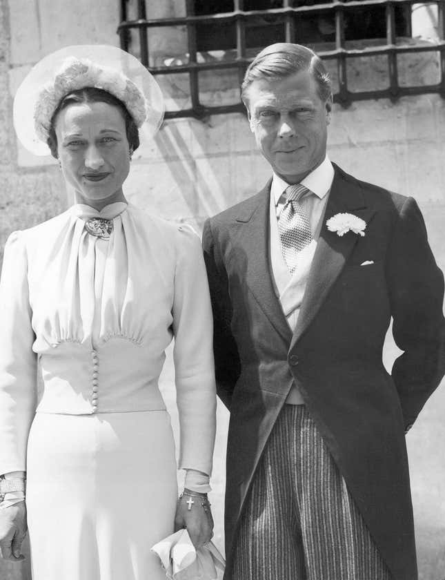 Edward VIII, former King of England, now Duke of Windsor, and his bride, Bessie Wallis Warfield Simpson are seen following the civil and religious ceremonies at the Chateau de Cande, near Tours, France, June 3, 1937. (AP Photo/BIPPA)