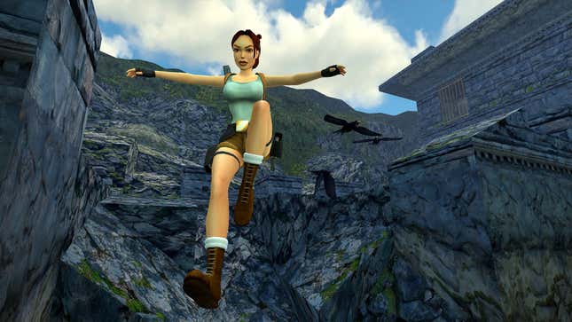 A screenshot shows Lara Croft leaping off a cliff. 