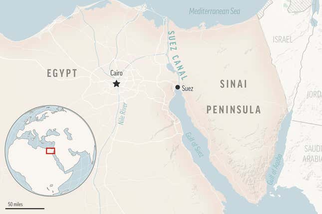 This is a locator map for the Suez Canal and the Sinai Peninsula in Egypt, with its capital, Cairo. (AP Photo)