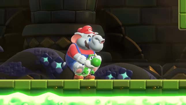 An elephant version of Mario rides on Yoshi's back. 