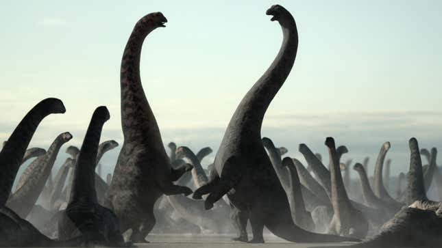 Two sauropods on their hind legs, prepared to attack each other.