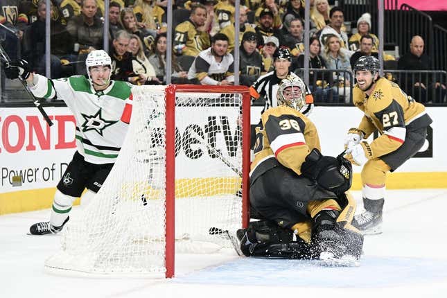 Apr 27, 2024; Las Vegas, Nevada, USA; Vegas Golden Knights goaltender Logan Thompson (36) reacts to being scored on Dallas Stars center Wyatt Johnston (53) in overtime in game three of the first round of the 2024 Stanley Cup Playoffs at T-Mobile Arena.