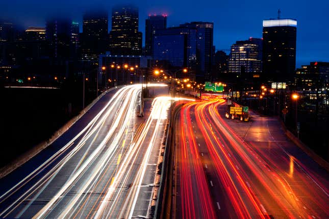 FILE - Vehicles move along Interstate 76 ahead in Philadelphia, Nov. 22, 2023. The energy used by cars and CO2 emissions could have dropped by over 30% in the past decade if not for the world’s growing taste for SUVs, a new report from the Global Fuel Economy Initiative suggests. (AP Photo/Matt Rourke, File)