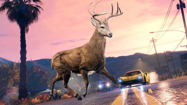 An image shows a deer crossing a busy street in GTA Online. 