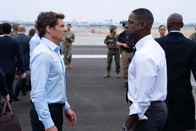 James Marsden (left) explaining something to Sterling K Brown (right)