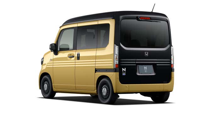 Rear 3/4 view of a black and yellow Honda N-Van e: