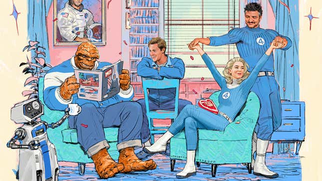 The Thing, Human Torch, Invisible Woman, and Mister Fantastic sit in a living room together.
