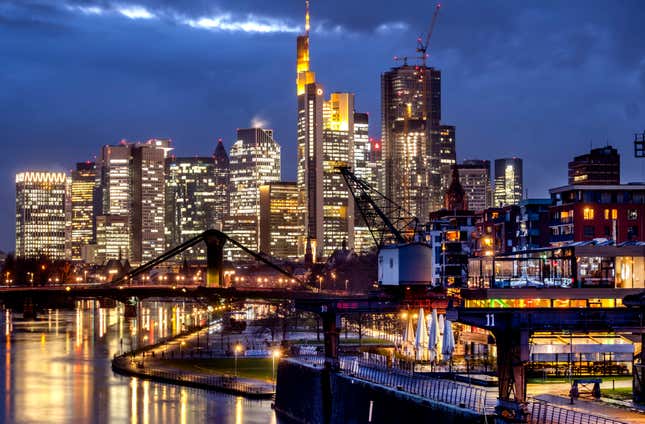 FILE - The buildings of the banking district are pictured in Frankfurt, Germany, on Feb. 19, 2024. Germany businesses remain mired in pessimism despite a small uptick in the latest survey, as Europe&#39;s largest economy struggles with shortages of skilled labor, slower global trade, and political squabbling. (AP Photo/Michael Probst)