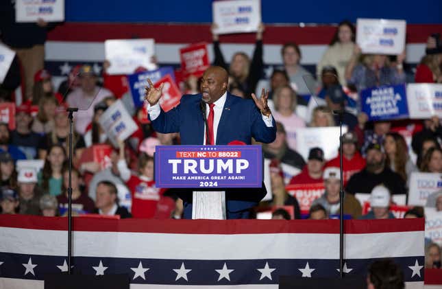 North Carolina Lieutenant Governor Mark Robinson speaks at a rally for Republican presidential candidate former President Donald Trump at the Greensboro Coliseum, in Greensboro, NC on Saturday, March 2, 2024