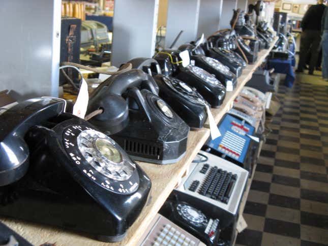 In a Saturday Nov. 12, 2011 photo, rows of old and newer telephones along with office switchboards are in the museum operated by members of the Parkersburg Council of the Telecomm Pioneers in Parkersburg, W.Va. As Thursday, Feb. 22, 2024, cell phone outage shows, sometimes landline telephones can come in handy, and were suggested as part of the alternatives when people&#39;s cell phones weren&#39;t working. (]Jeffery Saulton/News and Sentinel via AP)