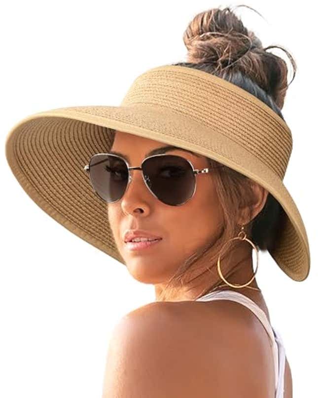 Image for article titled FURTALK Sun Visor Hats for Women Wide Brim Straw Roll-Up Ponytail Summer Beach Hat UV UPF Packable Foldable Travel Khaki, Now 13% Off