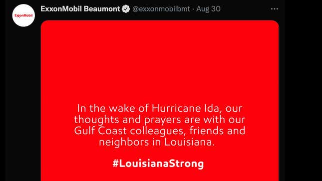A screenshot of an Exxon tweet offering "thoughts and prayers" for those affected by Ida.