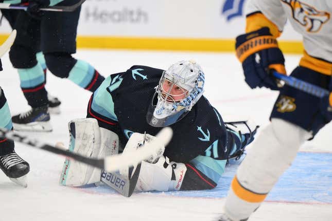 Nov 2, 2023; Seattle, Washington, USA; Seattle Kraken goaltender Philipp Grubauer (31) defends the goal against the Nashville Predators during the second period at Climate Pledge Arena.