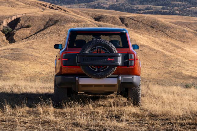 Rear end of an orange Scout Traveler