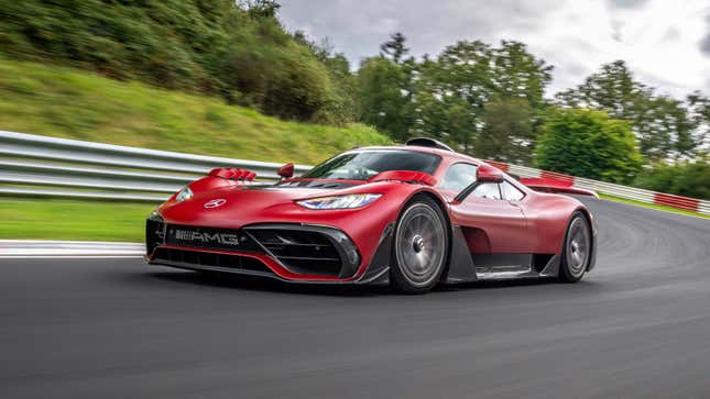 Front 3/4 view of a red Mercedes-AMG One