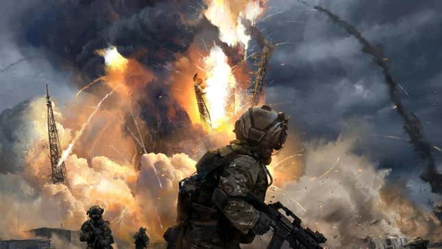 Battlefield 2042 specialists flee a launch site as the rocket explodes. 