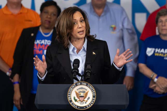  Vice President and Democratic presidential candidate Kamala Harris speaks to union workers during a campaign event on September 02, 2024 in Detroit, Michigan.