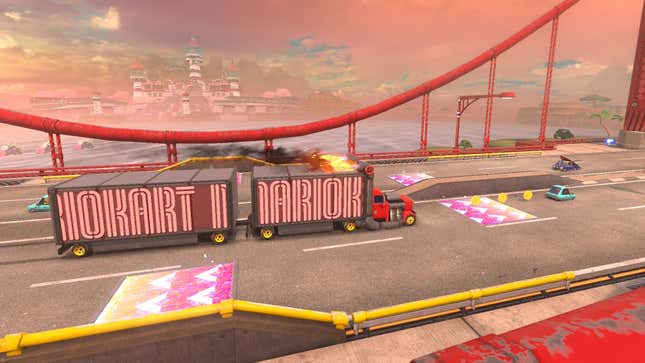 A Semi-Truck that says Mario Kart on its side drives on a bridge.