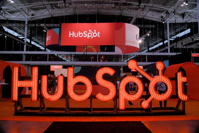 HubSpot logo is seen at Boston Convention and Exhibition Center on September 06, 2023.