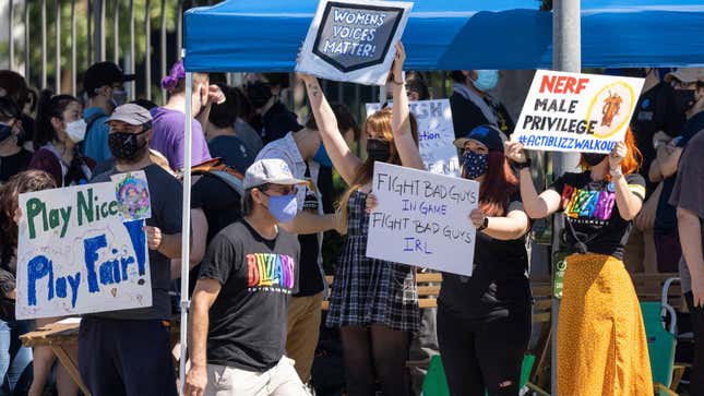 People gather outside Blizzard headquarters in Irvine, California to protest conditions at its parent company. 