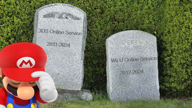 Mario bows his head and tilts his head in front of two headstones commiserating the loss of the Nintendo 3DS and Wii U online services.