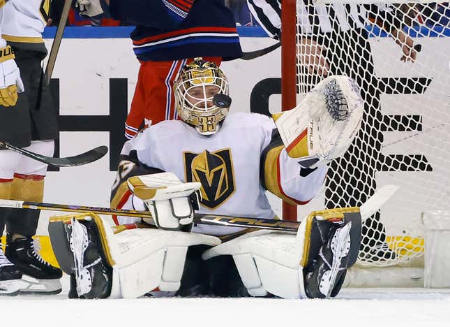 NEW YORK, NEW YORK - JANUARY 26: Adin Hill #33 of the Vegas Golden Knights skates against the New York Rangers at Madison Square Garden on January 26, 2024 in New York City. The Golden Knights defeated the Rangers 5-2. (Photo by Bruce Bennett/Getty Images)