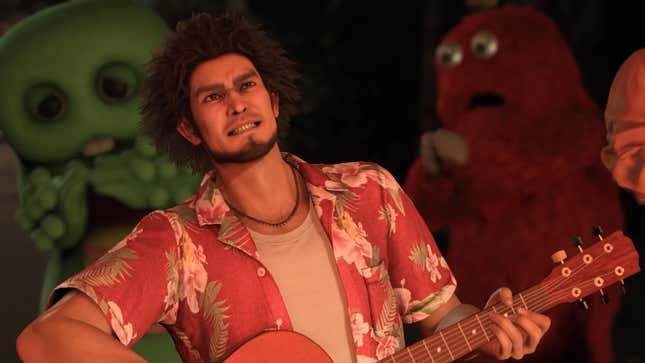 A Like A Dragon: Infinite Wealth screenshot shows Ichiban playing the guitar.