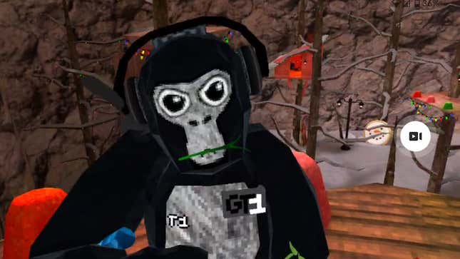 A black gorilla in Gorilla Tag, wearing headphones, looking to camera.