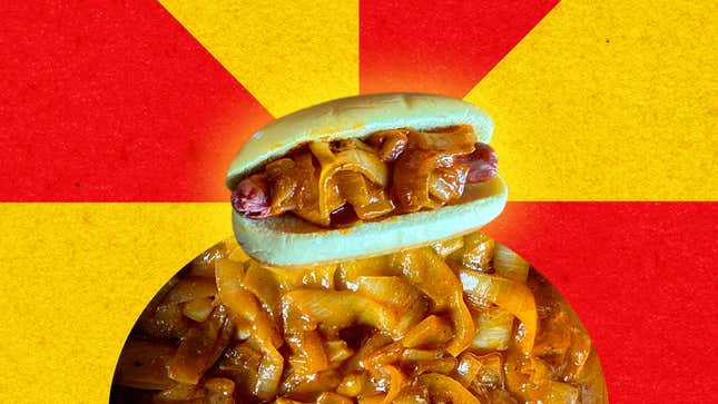 New York City Style Hot Dog Onions on red and yellow background