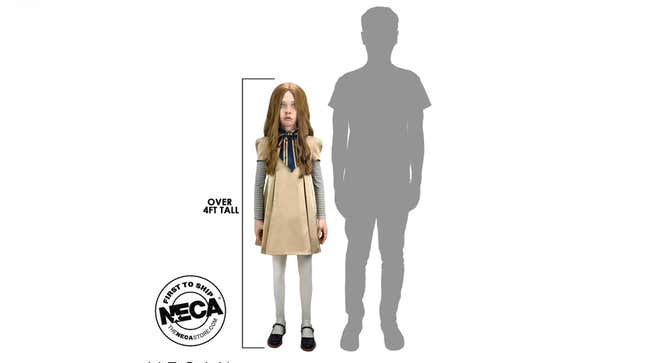 An image shows the Megan doll's size compared to an average person. 