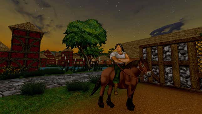 A character sits atop a horse in a town in Daggerfall Unity, with the graphics enhanced by a mod.