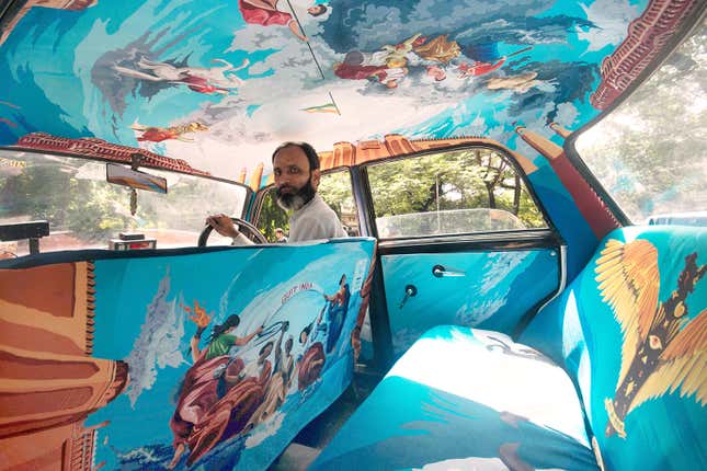 Kunel Gaur’s calls his bold vision “‘A Century of Revolt.” He described the driver’s reaction as they were installing the fabric, “the Taxi Driver, Mr. Mohammed Arif told me about his uncle who was himself a freedom fighter. At most times when the artwork was being fitted to his taxi, he would stare at it in silence.”