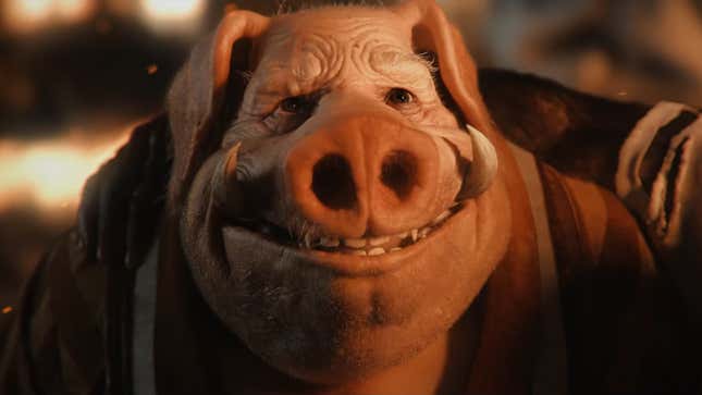 A pig-like character looks beyond the camera.