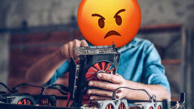 A person builds a gaming PC with an angry emoji where their head should be. 