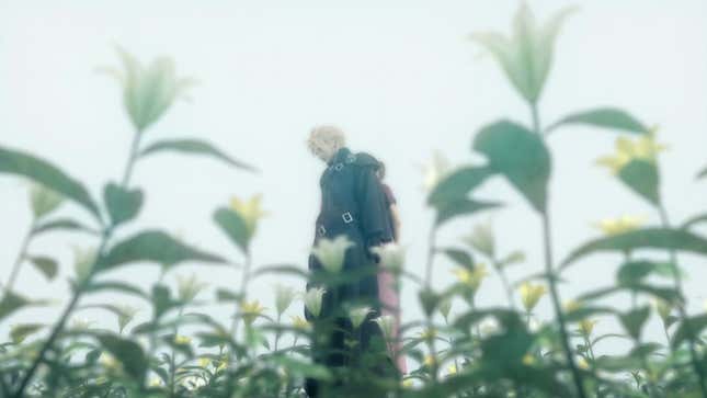 Cloud and Aerith stand in a field of flowers