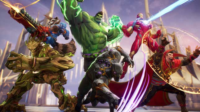 Groot, Rocket, Hulk, Black Panther, Iron Man, and Doctor Strange fight something off-screen.