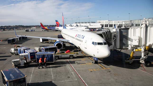 A ground crew prepares to unload luggage from an arriving Delta Airlines flight at the Seattle-Tacoma International Airport on March 15, 2020 in Seattle, Washington.