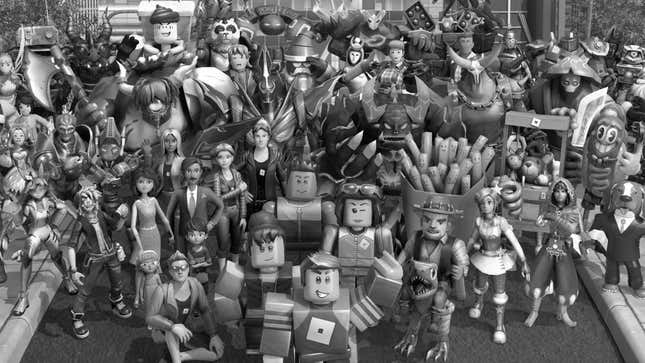 A crowd of Roblox avatars waving at the camera.