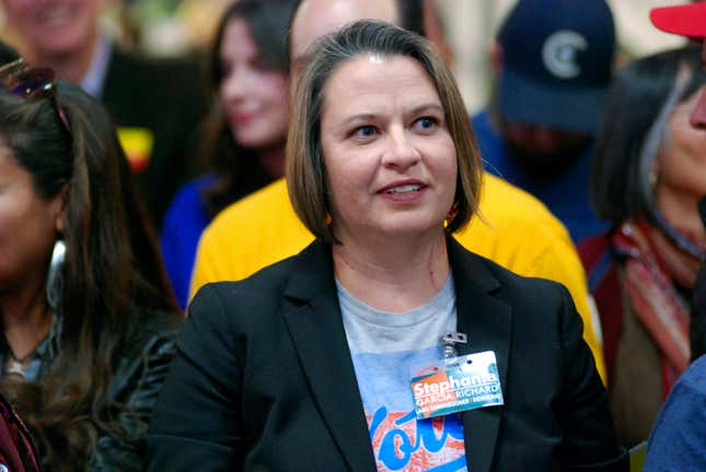 FILE - Stephanie Garcia Richard campaigns for state land commissioner, an office she eventually won, at a Democratic political rally in Santa Fe, N.M., Thursday, Oct. 25, 2018. New Mexico’s State Land Office will withhold lease sales indefinitely on its most promising tracts for oil and gas development in the Permian Basin as it seeks approval for the state Legislature to increase top-tier royalty rates. Land Commissioner Garcia Richard confirmed the decision Thursday, March 7, 2024. (AP Photo/Morgan Lee, File)