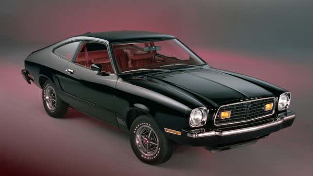 A photo of a 1974 Ford Mustang in black. 