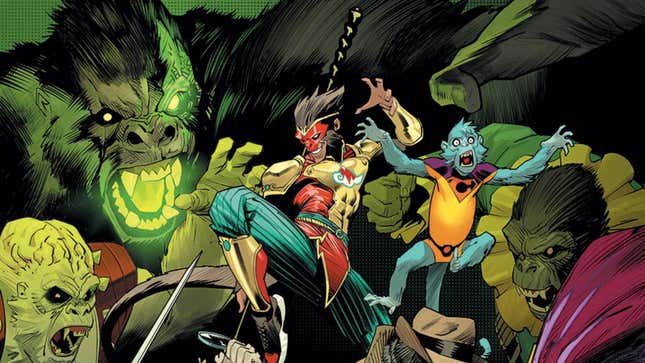 Gleek, Monkey Prince y otros personajes monos en la portada de Jungle League #1 de DC Comics.