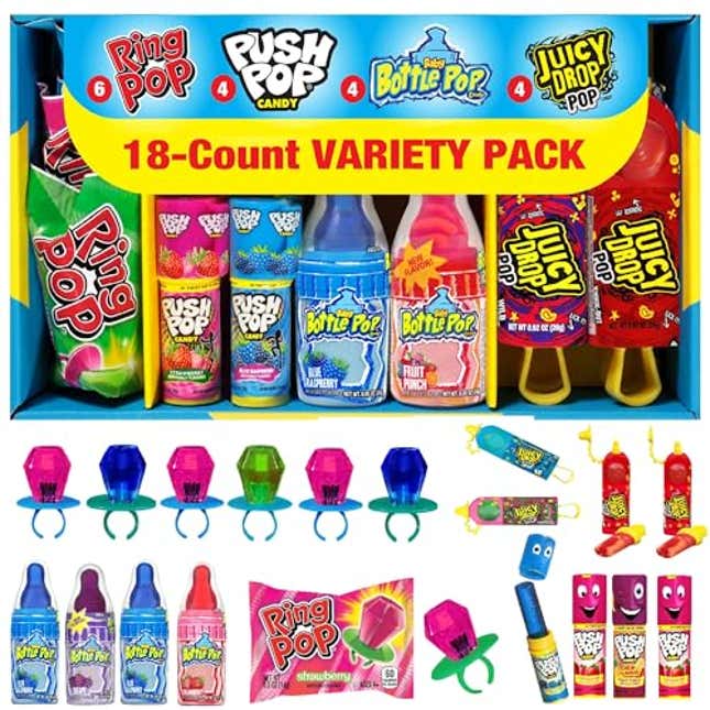 Image for article titled Valentine’s Candy Variety Pack 18 Count: Bulk Individually Wrapped Candy for Kids w/ Ring Pop, Now 15% Off